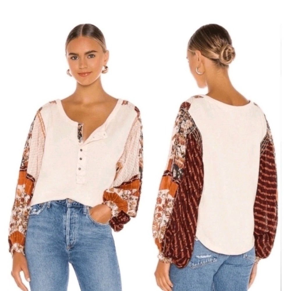 Free People | Women's Cream Mixed Media Patchwork Sleeve Boho Henley Top, Size M